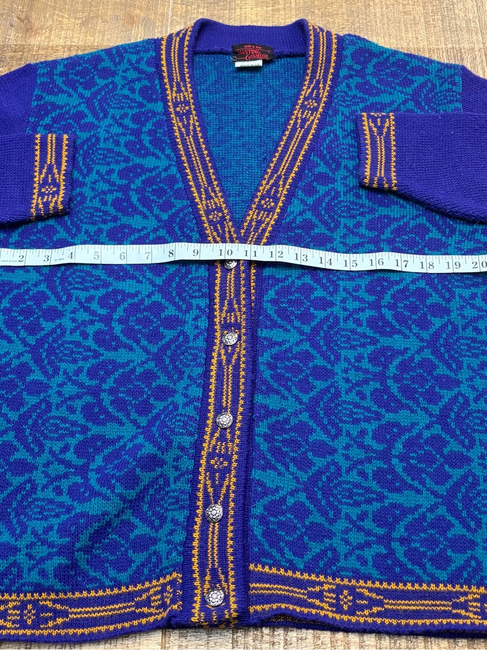 Vintage Italian Purple & Teal Patterned Wool Blend Cardigan Sweater - Picture 5 of 6